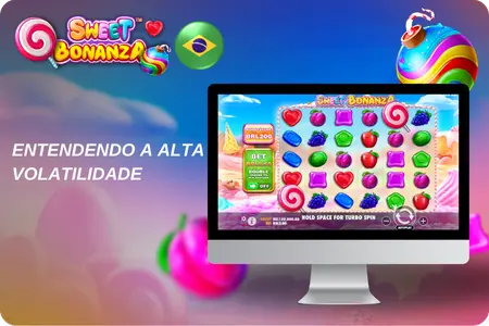 Interface do Sweet Bonanza explicando a alta volatilidade do jogo
