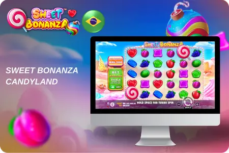 Tela do Sweet Bonanza CandyLand com grade de frutas e doces